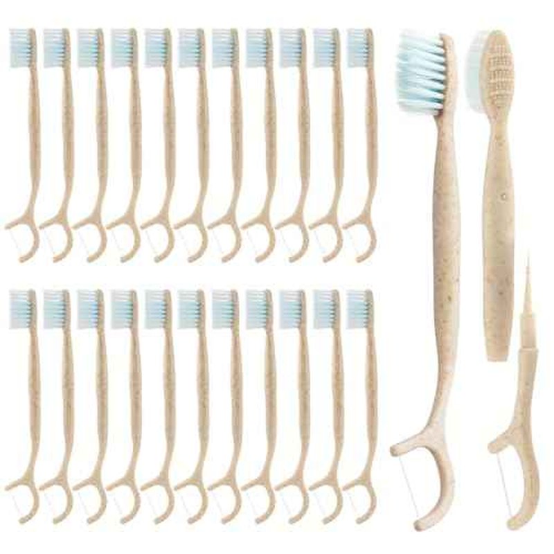 Travel Toothbrush Dental Floss Picks - 4 in 1 Biodegradable Disposable Toothbrushes with Tongue Scraper, Eco-Friendly Individually Wrapped Toothbrush for Adult Kids Travel Oral Care, 40 Pack