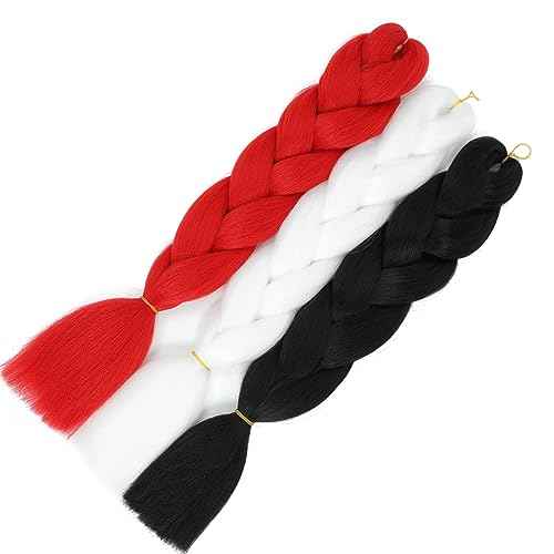 Alileona Jumbo Braiding Hair Extension 24inch Jumbo Box Braiding Hair Synthetic Fiber for Twist Braiding Hair, Bubble Braids Hair Extensions 3 Bundles/Lot (Red-White-Black)