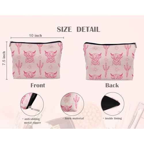 Western Cow Makeup Bag,Western Cow Gifts For Women,Cowgirl Stuff For Women,Cowgirl Gifts (Pink)