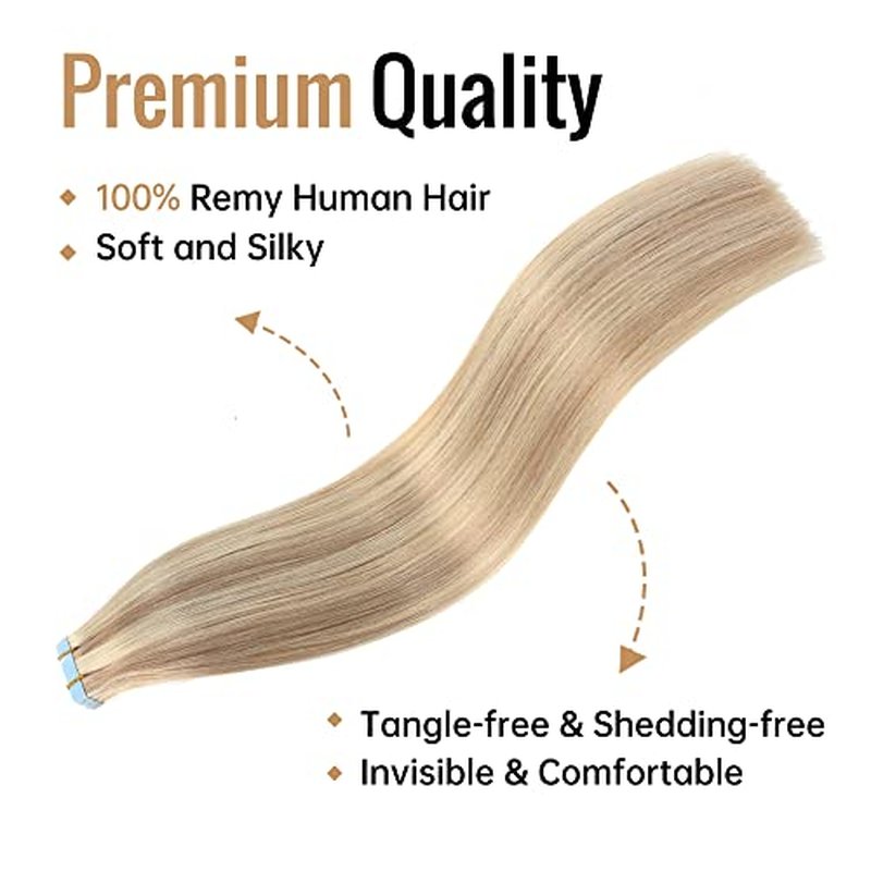 JESSBO Tape in Hair Extensions Human Hair Ash Blonde Highlighted Bleach Blonde 18 inch 20pcs 50g/pack Straight Seamless Skin Weft 100% Real Human Hair (18 Inch #P18/613)