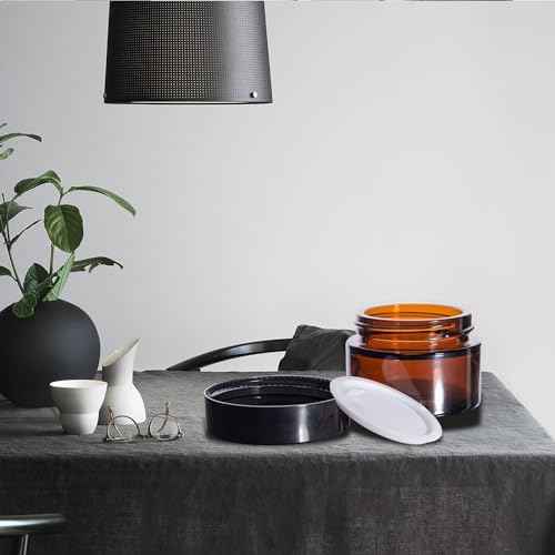 24 Pack 2 oz Round Amber Glass Cosmetic Jars with Inner Liners and Black Lids, Travel Jars, Refillable Containers for Makeup, Cream, Lotion, Sugar Scrubs, Eye Shadow, Slime, Paint, Jewelry