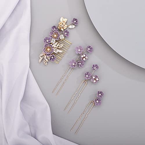 Rhinestone Flower Hair Pieces Bridal Purple Flower Hairpins Hair Comb Set for Bride Bridesmaid£¨4pcs£©