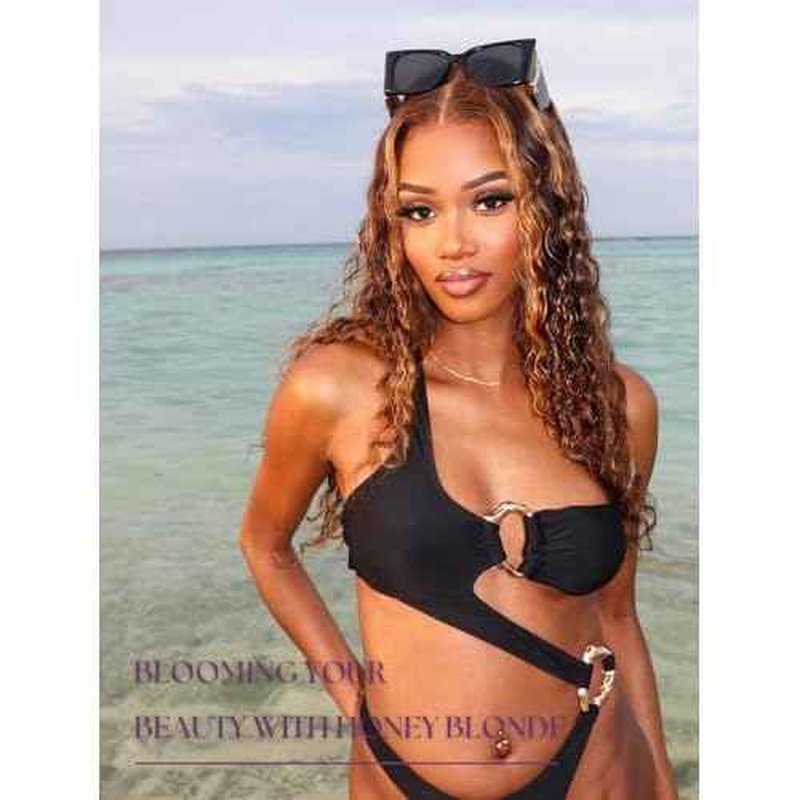 Honey Blonde Highlight 3 Deep Wave Bundles with 13x4 Frontal Human Hair 16 18 20+16, 12A 100% Virgin Thick Track Brazilian Weaves P4/27 Ombre Brown Curly Bundles with HD Lace Frontal Pre Plucked