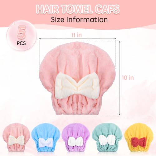 Microfiber Hair Drying Caps, 5-Pack Extra Soft and Ultra Absorbent Fast-Drying Hair Turban Wraps, Shower Caps for Girls and Women with Cute Bowtie Design£¨11" L x 10" W£©