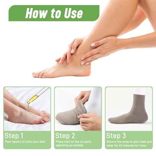 2 Pack Castor Oil Pack Wraps for Feet Organic Cotton Reusable Castor Oil Foot Ankles Wrap for Women Mid-Crew Socks Khaki(Oil Not Include)