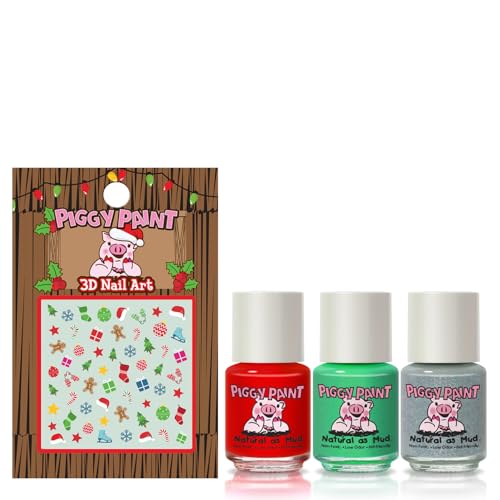 Piggy Paint | 100% Non-Toxic Girls Nail Polish | Safe, Cruelty-free, Vegan, & Low Odor for Kids | Santa's Sweetie (Christmas Holiday 3 Polish + Nail Art Gift Set)