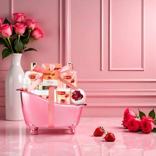 Spa Kit for Women, Bath & Body Gift Set, Luxury Home Spa Bath Gift Basket, Strawberry Scented Bath Set Christmas Gifts for Women with Shea Butter Lotion, Pamper Gifts for Girls & Teens, Birthday Gift