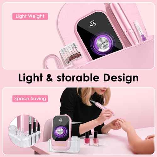 Professional Electric Nail Drill File, HUGMAPLE 45000RPM Portable E-File Machine with Bits & Base, Rechargeable Cordless Nail Drill Kit for Shaping, Removing & Polishing Gel Nails for Salon Home