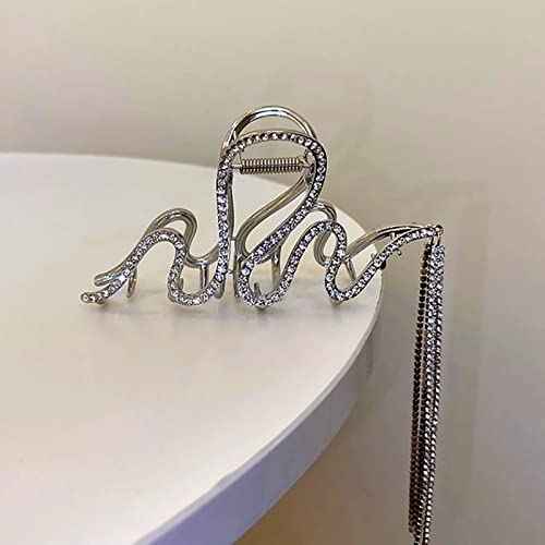 Bedazzled Sparkle Claw Clip Dangling Chain Diamond Hair Clips Fancy Silver Claw Clip Prom Snake Accessories for Women Fairy Hair Clip (SILVER)