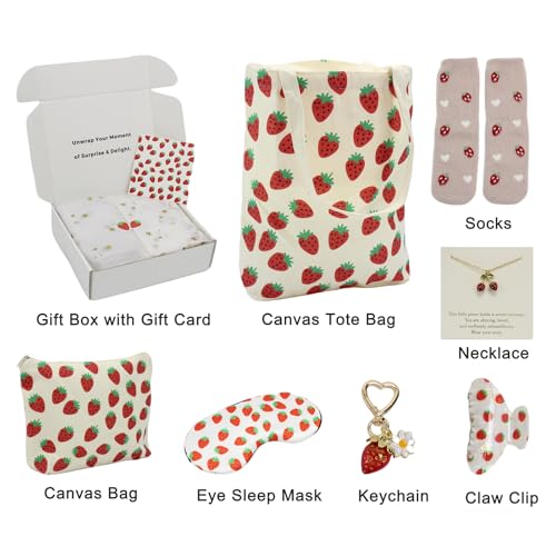 Strawberry Lover Gifts for Women - Strawberry Tote Bag, Makeup Bag, Eye Sleep Mask Gift Set for Girls - Birthday, Christmas, Thank You Gifts for Mom, Teacher, Friend, Sister, Nurse (Strawberry)