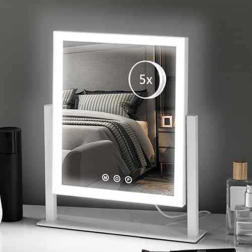 HIEEY Lighted Makeup Mirror, Hollywood Vanity Mirror with Lights, Three Color Lighting Modes, and 5X Magnification Mirror, Smart Touch Control, 360¡ÆRotation (14.1in,White,Gift Box)