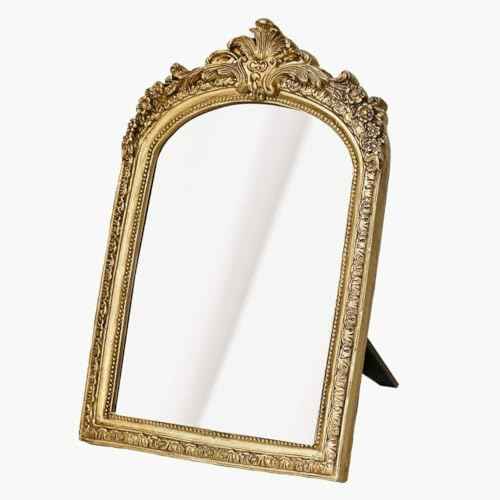 Small Gold Vintage Vanity Desk Makeup Mirror Antique Decorative Wall Mirror,Resin Carved Arch Table Mirror with Stand for Living Room,Bedroom Dresser,Desktop Decor 10.2" x 7"
