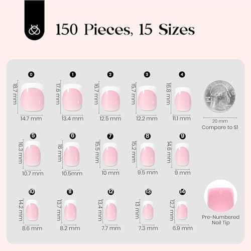 Beetles French Tip Press On Nails: 150 Pcs Pink Short Square Press On Nails 4 in 1 Nail Tips, Pre-Applied Primer & Base Coat, No File Need DIY Manicure for Fall Nails Extension Gifts for Women