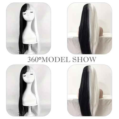 28 inch Long Straight Black and White Cosplay Wig with Bangs Natural Hair Fiber Synthetic Wig for Women and Girls, Perfect for Halloween,Holidays, Festivals, Christmas, Parties, and Cosplay