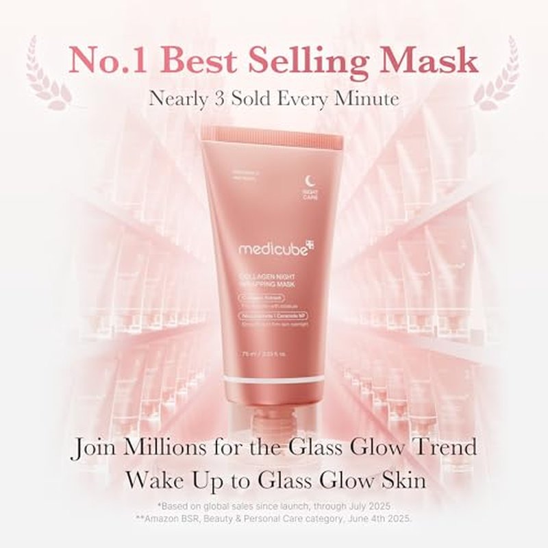 Medicube Pink Glow Wrapping Mask Duo | Collagen & Caffeine Peel-Off Facial Masks with Brush - Overnight Treatment