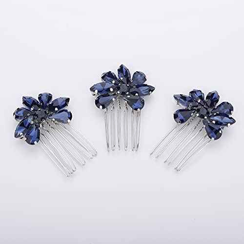 Teyglen Simple Rhinestones Crystal Bride Wedding Hair Comb Set Handmade Red Blue Black Crystal Side Hair Combs Bridal Hair Jewelry Set for Women Bride Girls (Dark Blue)