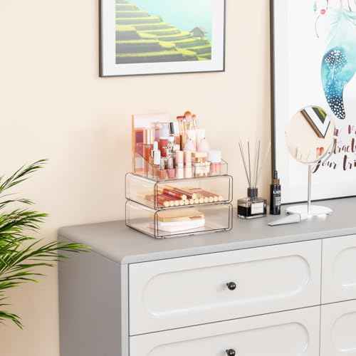 Yieach Clear Acrylic Makeup Organizer Countertop With Drawer,3 Tier Large Skincare Organizer for Vanity,Plastic Bathroom Cosmetic Storage Organizer for Lipstick,Makeup Brush,Palette,Beauty Products