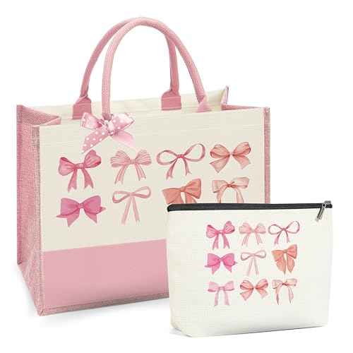 Bow Tote Bag Coquette Pink Bow Preppy Makeup Bag Set Cute Aesthetic Pink Bow Canvas Reusable Grocery Shopping Bag