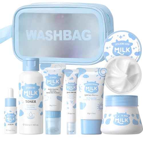 Milk Skincare Set Girls Gifts - 8Pcs Milk Skin Care Sets & Kits for Teens - Skin Care Kit for Women Kids Teenage Girls with Cleanser, Toner, Eye Cream, Serum, Sunscreen, Face Cream, Scrub, Bag