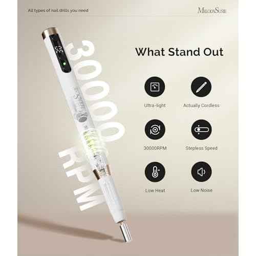 MelodySusie Manicure Cordless Nail Drill PM170F White, 30,000RPM Ultra Fine Portable Electric Nail File, Low Noise & Low Vibration, Coreless Motor with Bits & Ultra Fine Sanding Bands for Beginners