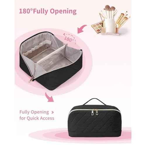 Wandering Nature Travel Makeup Bag,Travel Make up Bag with Large Capacity,Quilted Makeup Organizer Bag, Open Flat Travel Toiletry Bag for Women Cosmetic Bag with Divider and Handle,Patent Pending