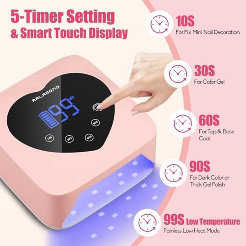 UV LED Nail Lamp, 72W Cordless UV Light for Nails, Rechargeable Nail Dryer with 5 Timer & Auto Sensor, Professional Fast Curing Gel Nail Lamp with Large Touch Display (Pink)