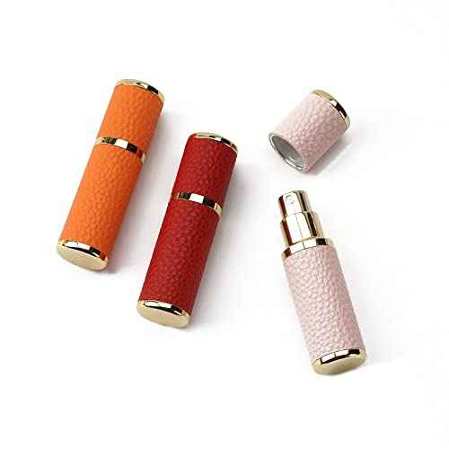 LUEXBOX 3 Pack Portable Perfume Bottle for Travel, Mini Refillable Perfume Dispenser, 5ml Faux Leather Leak Proof Perfume Atomizers Bottles Sprayer for Pocket Perfume (Red, Pink, Orange)
