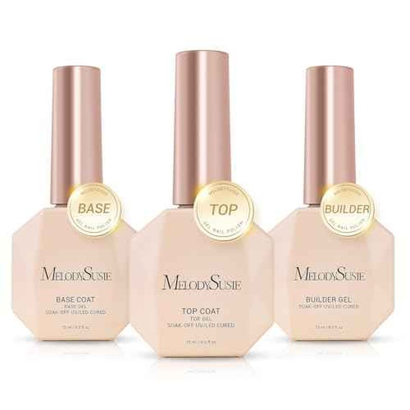 MelodySusie Top Coat Builder Gel Base Coat No Wipe Glossy Set Long Lasting Shine Finish Soak Off UV LED Nail Lamp Nail Polish Art Design Manicure Kit Perfect Gifts for Women Girls 3 Pcs 15ml Clear