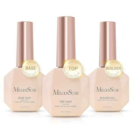 MelodySusie Top Coat Builder Gel Base Coat No Wipe Glossy Set Long Lasting Shine Finish Soak Off UV LED Nail Lamp Nail Polish Art Design Manicure Kit Perfect Gifts for Women Girls 3 Pcs 15ml Clear