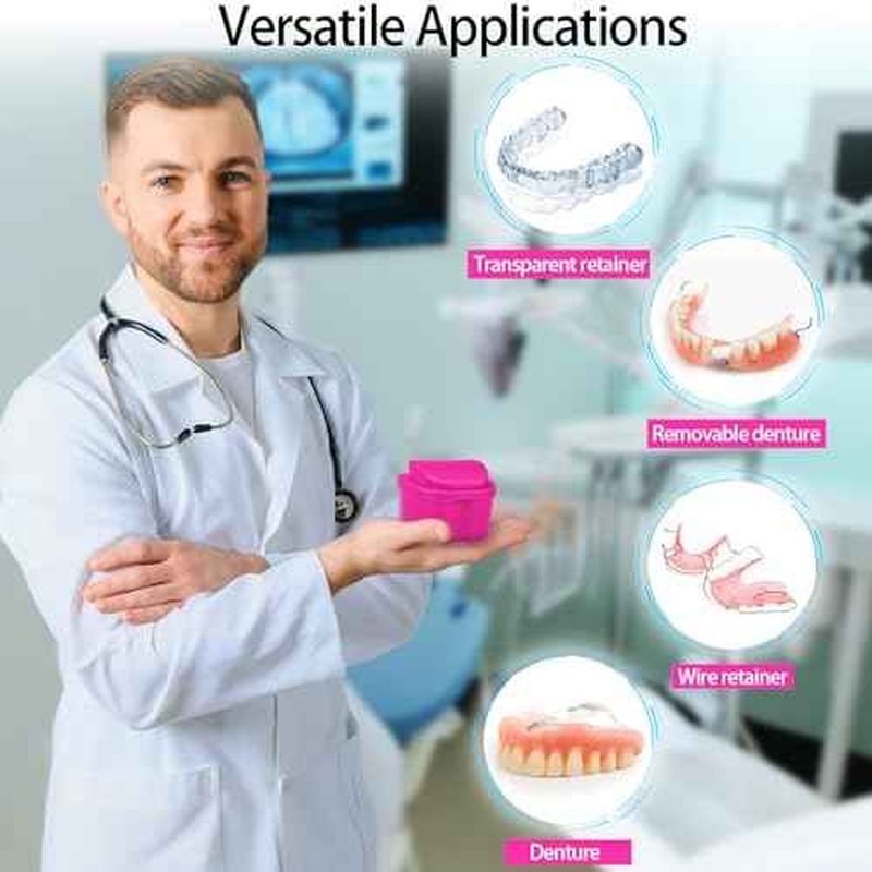 2 Pack Colors Denture Bath Case Cup Retainer Cleaner Holder Case False Teeth Soaking Container Dental Bath Storage Box Case with Strainer Basket and Brush - Rose Red & Black