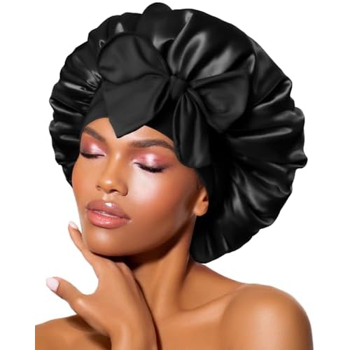 BONNET QUEEN Silk Bonnet for Sleeping Women Satin Bonnet Night Sleep Cap Hair Wrap for All Hair with Adjustable Tie Band,Black