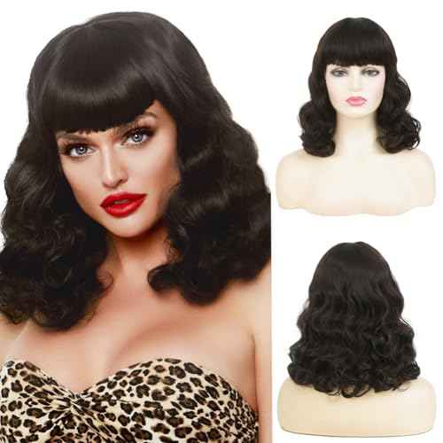 Women Short Black Finger Wave Wigs with Bangs 1920s Curly Synthetic Flapper Wig Heat Resistant Vintage Halloween Cosplay Costume Hair Wig