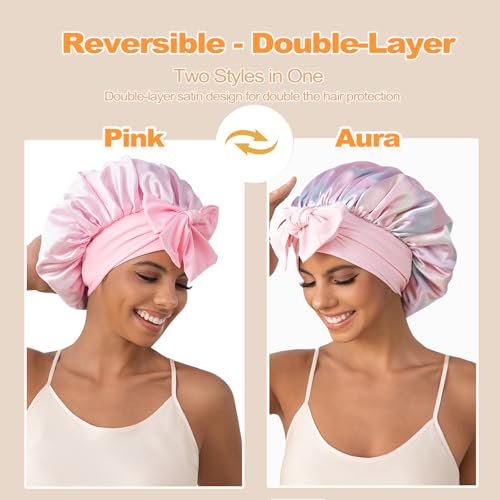 GDTOGRT Satin Silk Bonnet for Sleeping Women - Double Layer Sleep Hair Bonnets Caps for Curly Braid Hair with Tie Band