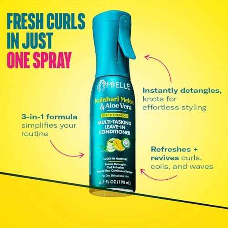 Mielle Kalahari Melon & Aloe Vera Multi-Tasking Leave In Conditioner Spray - 3-in-1 Hair Detangler Spray, Curl Refresher & Moisturizer for Dry, Curly & Textured Hair - Up to 5 Days of Moisture (6.7oz)