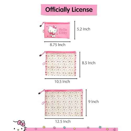 Hello Kitty Travel Pouch 3-Pack Official License, Zipper Pouch Set of 3 in Different Sizes, Makeup Bag