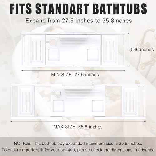 Bathtub Tray Caddy,Premium Bamboo Expandable Bath Tub Trays Table, Foldable Bathroom Accessories,Great House Warming, Anniversary and Birthday Gifts,White