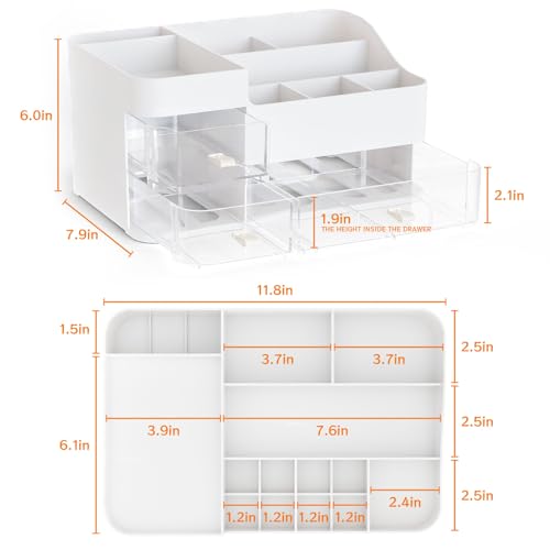 White Makeup Organizer With Drawers,Large Skincare Organizers for Countertop,Desk,Dresser,Plastic Bathroom Counter Organizer for Brush,Palettes,Perfume,Beauty Products Organization,Skin Care Storage