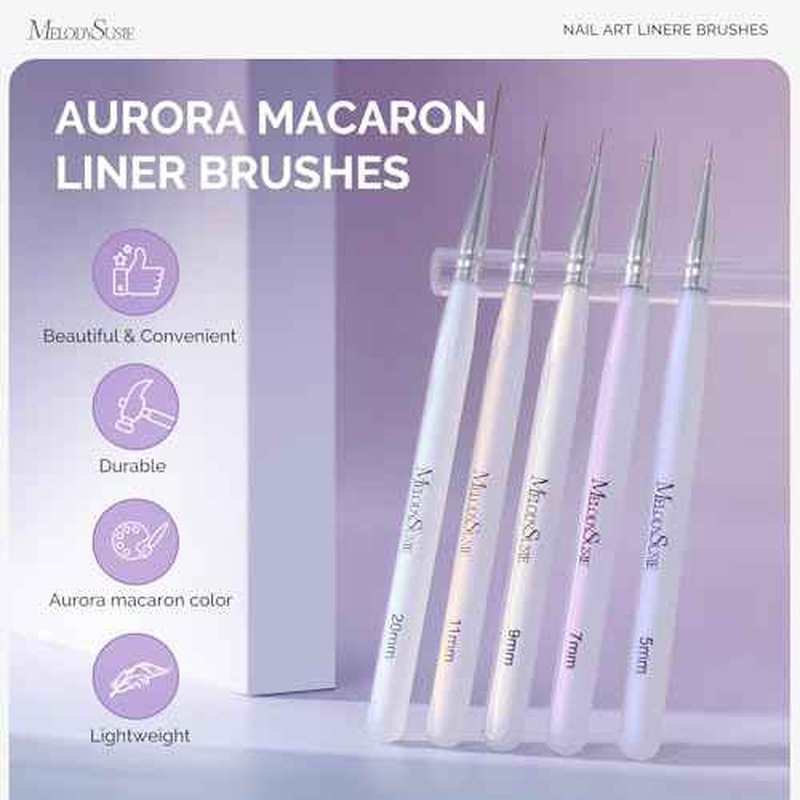 MelodySusie 5Pcs Nail Art Liner Brushes Professional Gel Polish Painting Art Design Pen Set for Thin Long Lines, Tiny Details, Fine Drawing, Delicate Coloring Sizes 5/7/9/11/20mm