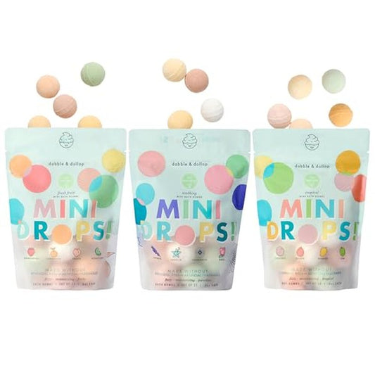 Dabble & Dollop Mini Bath Bombs, 100% Natural Droplets for Kids, Variety Pack - Resealable Pouches, Fizzy, Moisturizing & Fun, Vegan, Gluten-Free, Cruelty-Free (Set of 36)