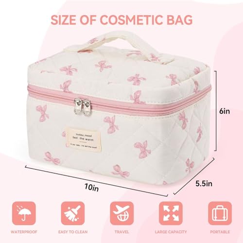 Large Travel Quilted Makeup Bag£¬Cute Bow Cotton cosmetic bag, Fashionable aesthetic makeup bag,Coquette Aesthetic Floral Travel Toiletry Bag for Women and Girls