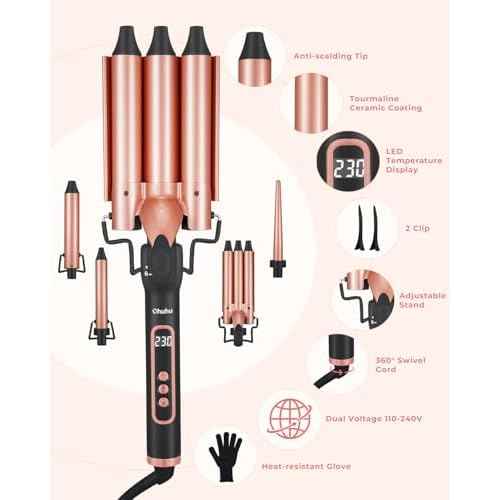 Waver Curling Iron Wand Set: Ohuhu 5 in 1 Curling Iron Set with 2 Size 0.75" 1" 3 Barrel Hair Crimper Beach Waves and 3 Interchangeable Wand 0.35"-1.25" LED Display for Girls Women Mother Gift