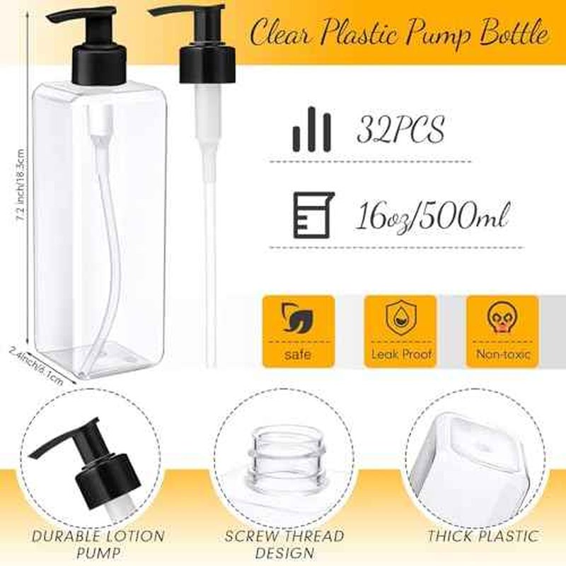 Zubebe 32 Pcs 16 oz Empty Plastic Pump Bottles Lotion Bottles with Black White Pumps Clear Square Lotion Dispenser Refillable Shampoo Container for Massage Oil Liquid Soap Face Cream Moisturizer