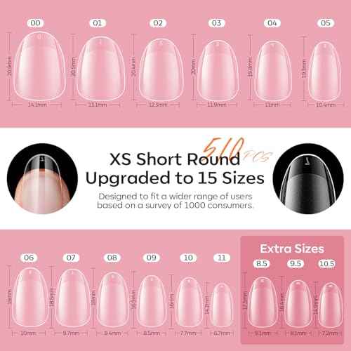 modelones Gel Nail Kit Short Oval Round, Upgrade 510Pcs Fake Nails 15Sizes, 9-in-One Glue Prep Dehydrator & Mini U V Light Clipper, Pre-shaped Half Matte Press on Oval Tips for Extension DIY Salon
