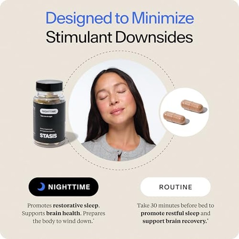 Stasis Nighttime - Calm and Sleep Capsules to Pair with Stimulant - Skullcap, Magnolia Bark, Magnesium for Sleep, and Astaxanthin Supplements for Relaxation and Mood Support - 25 Servings