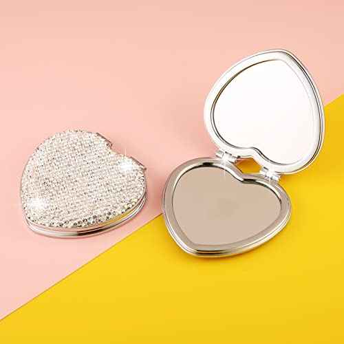 AsAlways Rhinestone Compact Pocket Mirror Portable Travel Cute Cosmetic Mirror Folding Handheld Double-Sided 1x/2x Magnifying Purse Mirror (Silver)