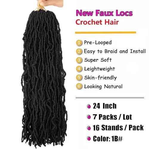 7 Packs 24 Inch Soft Locs Crochet Hair Pre Looped Faux Locs Crochet Braids for Butterfly Locs Dreadlocs Synthetic Hair For Black Women (1B, 24 Inch (Pack of 7))