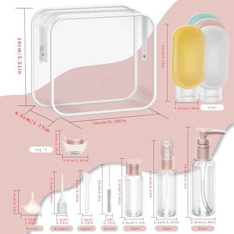 16 Pack Travel Bottle Set for Toiletries, Travel Containers for Toiletries With Clear Zipper Toiletry Bag, Leak Proof Refillable Squeezable Travel Toiletries Bottles for Skincar Lotion Shampoo