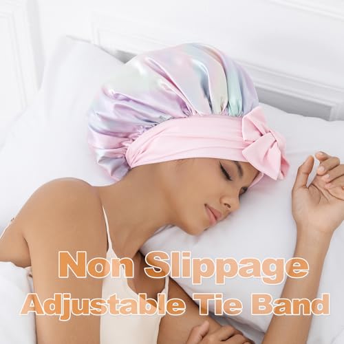 GDTOGRT Satin Silk Bonnet for Sleeping Women - Double Layer Sleep Hair Bonnets Caps for Curly Braid Hair with Tie Band
