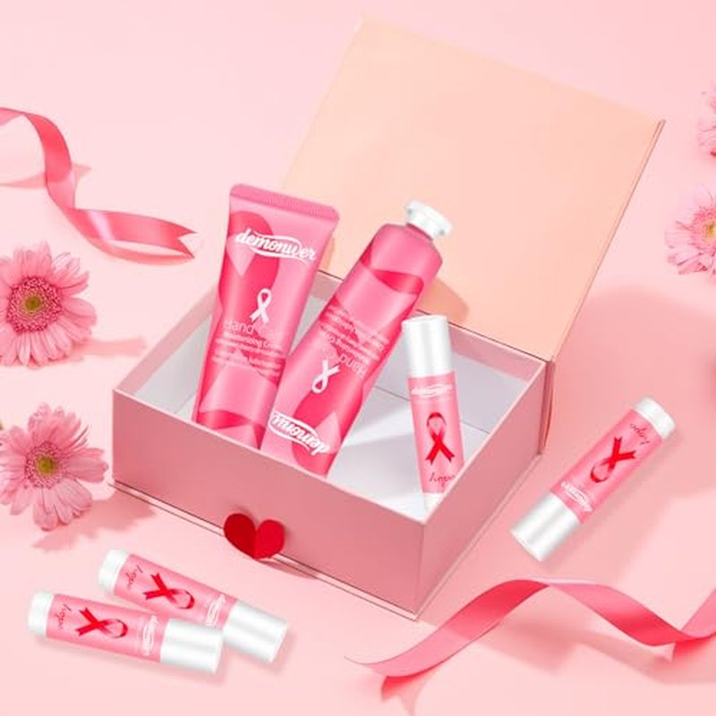 50 Sets Breast Cancer Awareness Favors Pink Ribbon Hand Cream Lip Balm with Thank You Cards Organza Bags Awareness Gifts for Women Nurse Breast Cancer Charity Event Survivor Campaign Party Favors