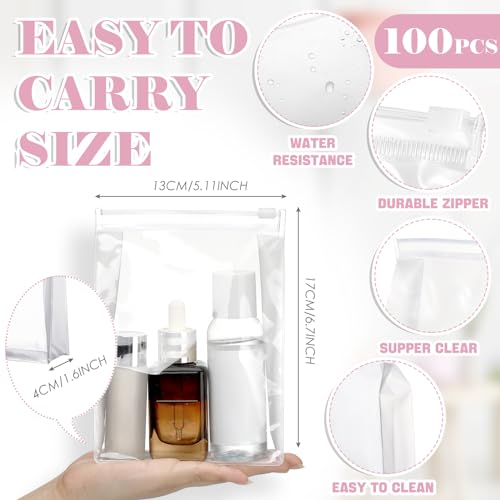 Xuniea 100 Pcs Mini Clear Makeup Bag PVC Small Travel Toiletry Organizer Pouches Bulk Waterproof Transparent Plastic Cosmetic Bag with Zipper for Women Men Travel(5.1'')